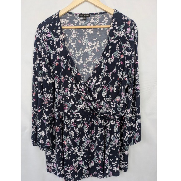 Lane Bryant Tops - Lane Bryant Faux Wrap Floral Top Women 18/20 Navy Bishop Sleeve Stretch Blouse